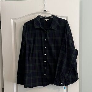 Talbots Women's Navy and Green Plaid Blouse